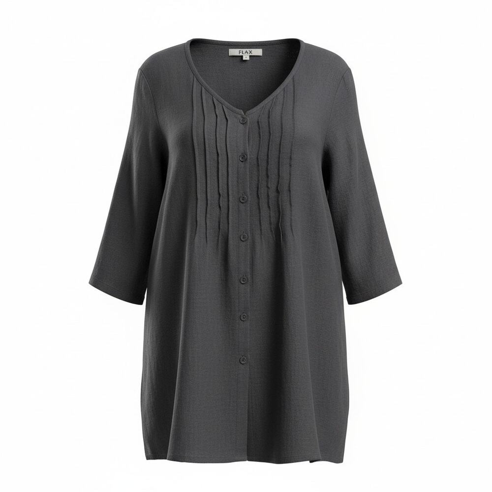 FLAX Linen Pintuck Tunic Top P Gray Button Front Lagenlook Minimalist Blouse EUC